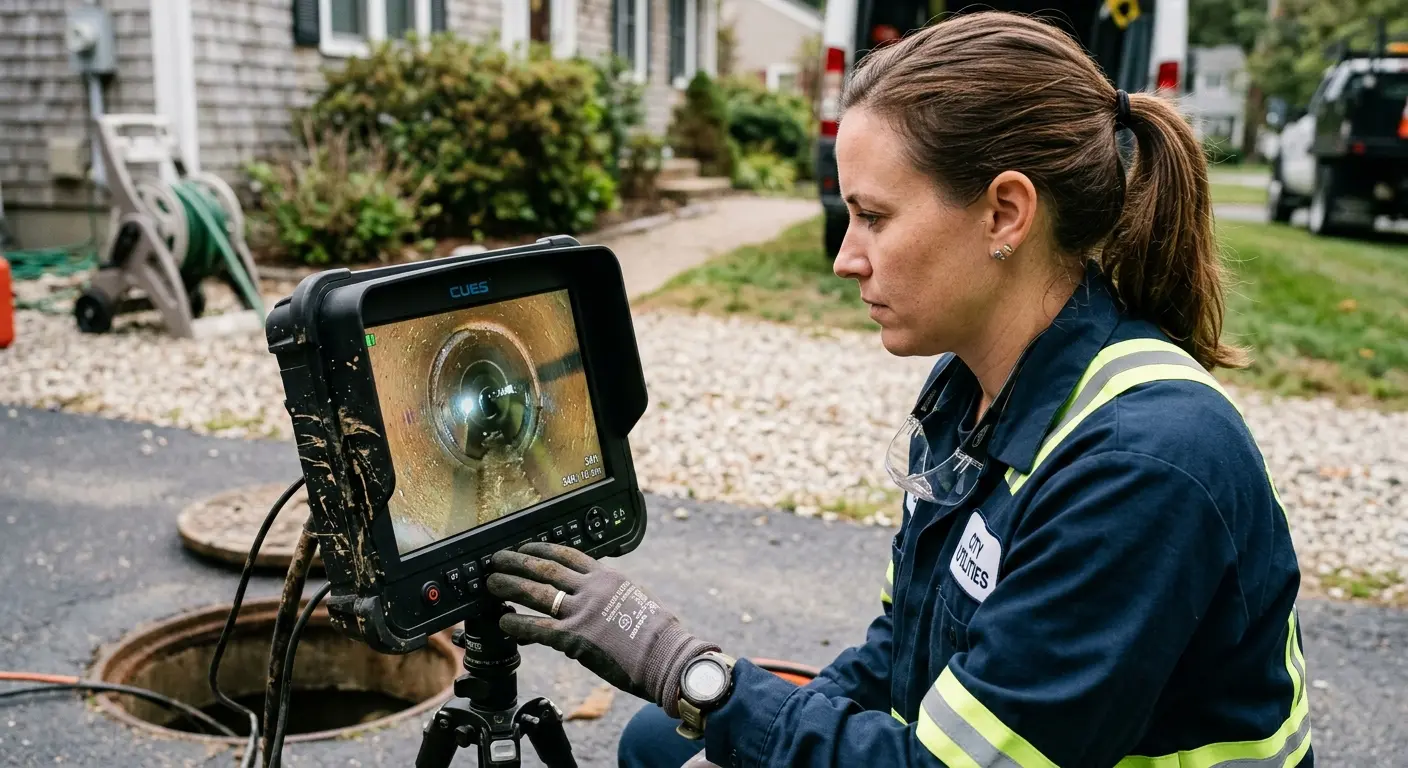 Technician reviewing sewer camera inspection footage in Clayton
