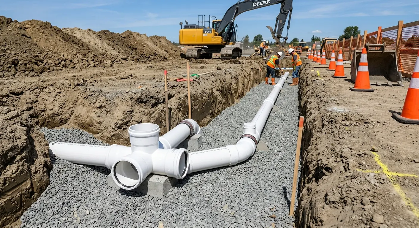 New PVC sewer pipe installation in open trench for Commercial Drain Cleaning in Clayton